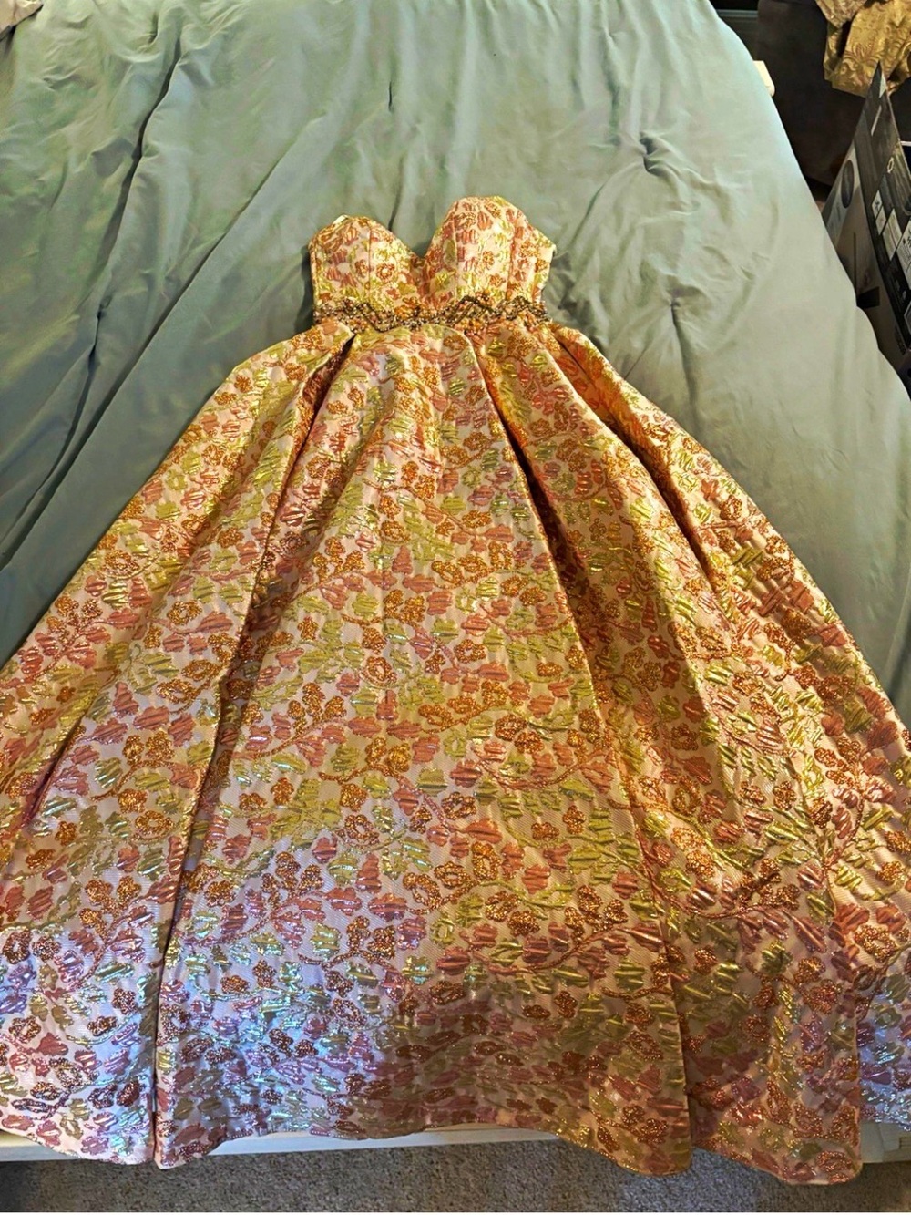 Mac Duggal Pink and Gold Floral Jacquard Party Dress